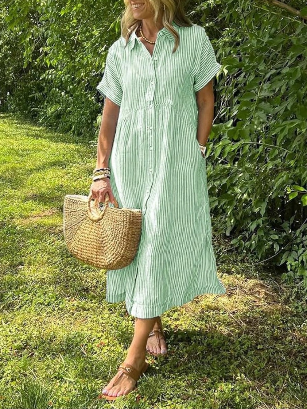 Chouyatou women Casual Mint Green Striped Button-Front Midi Dress 100% cotton